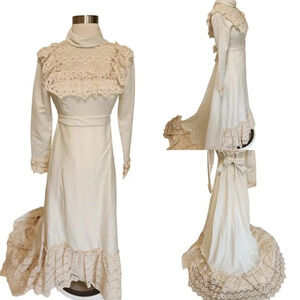 70s‎ Vintage Wedding Dress Long Sleeve Lace Detail Train White Edwardian Prairie